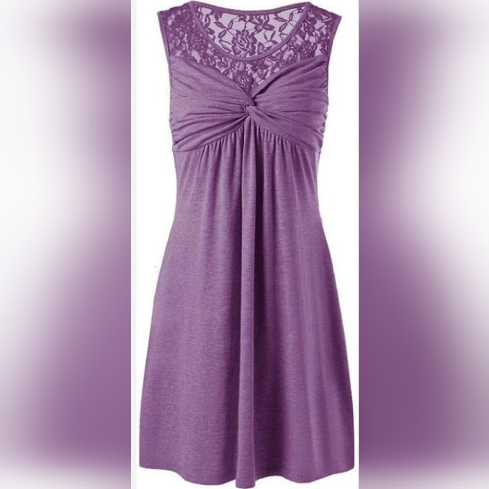 Fee Et Rit Twist Front Purple Lace Yoke Women's Fit&Flare Dress Large New